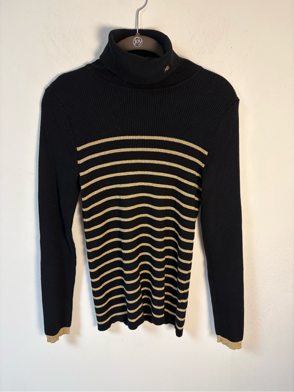 Lauren Ralph Lauren Womens Black & Gold Striped Turtleneck Sweater Medium